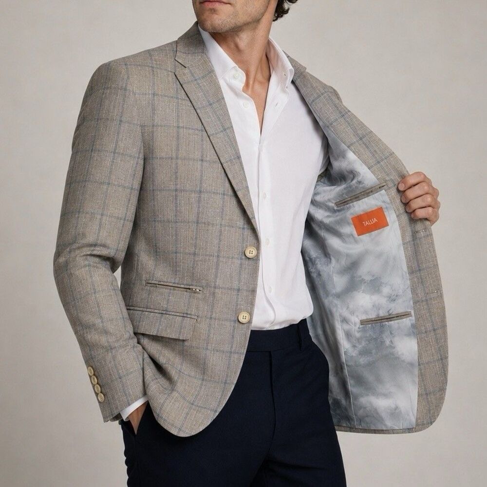 Tallia 42R Linen Sport Coat Blazer Beige Blue Windowpane Marbled Lining